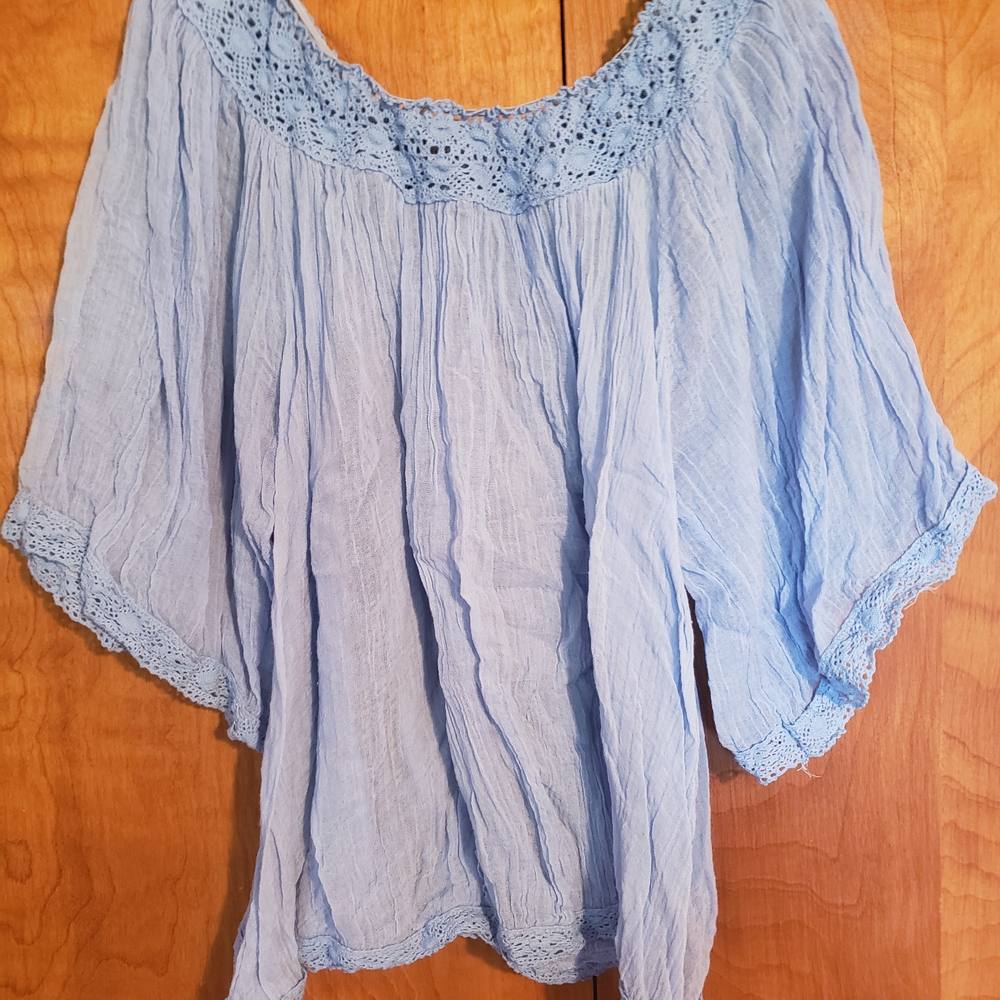 Poof! Light Blue Crochet-Trim Peasant Top